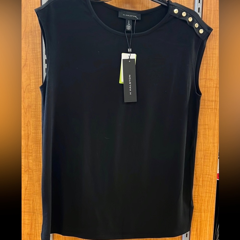 Nwt H Halston black top with gold buttons sleeveless